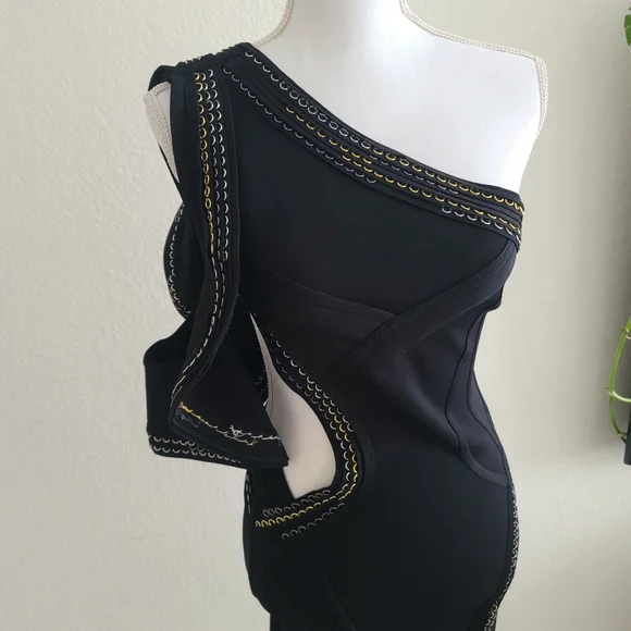 Herve Leger Black One-Shoulder Cutout Dress with Gold Trim - Picture 2 of 10